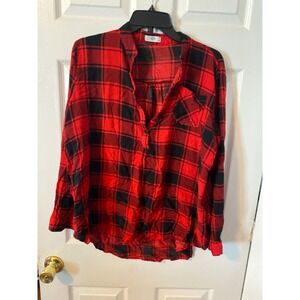VLD Womens Red Black Buffalo Plaid Rayon Henley Long Sleeve Blouse XL